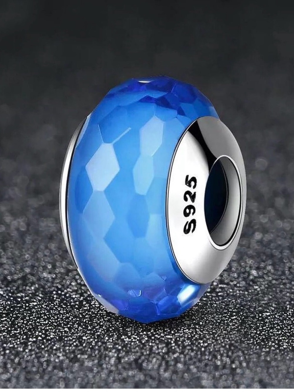 S925 Sterling Silver Faceted Blue Glass Charm Bead